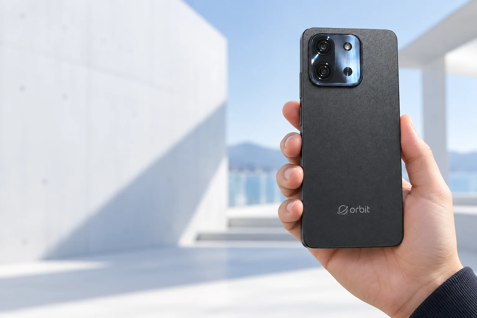 Orbit-branded mobile device held in a hand